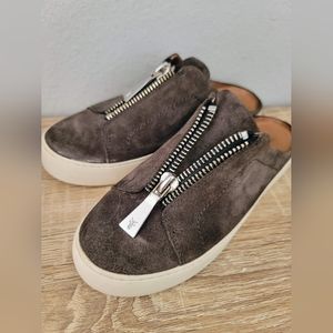 FRYE Lena Front Zip Up Grey Suede Mules